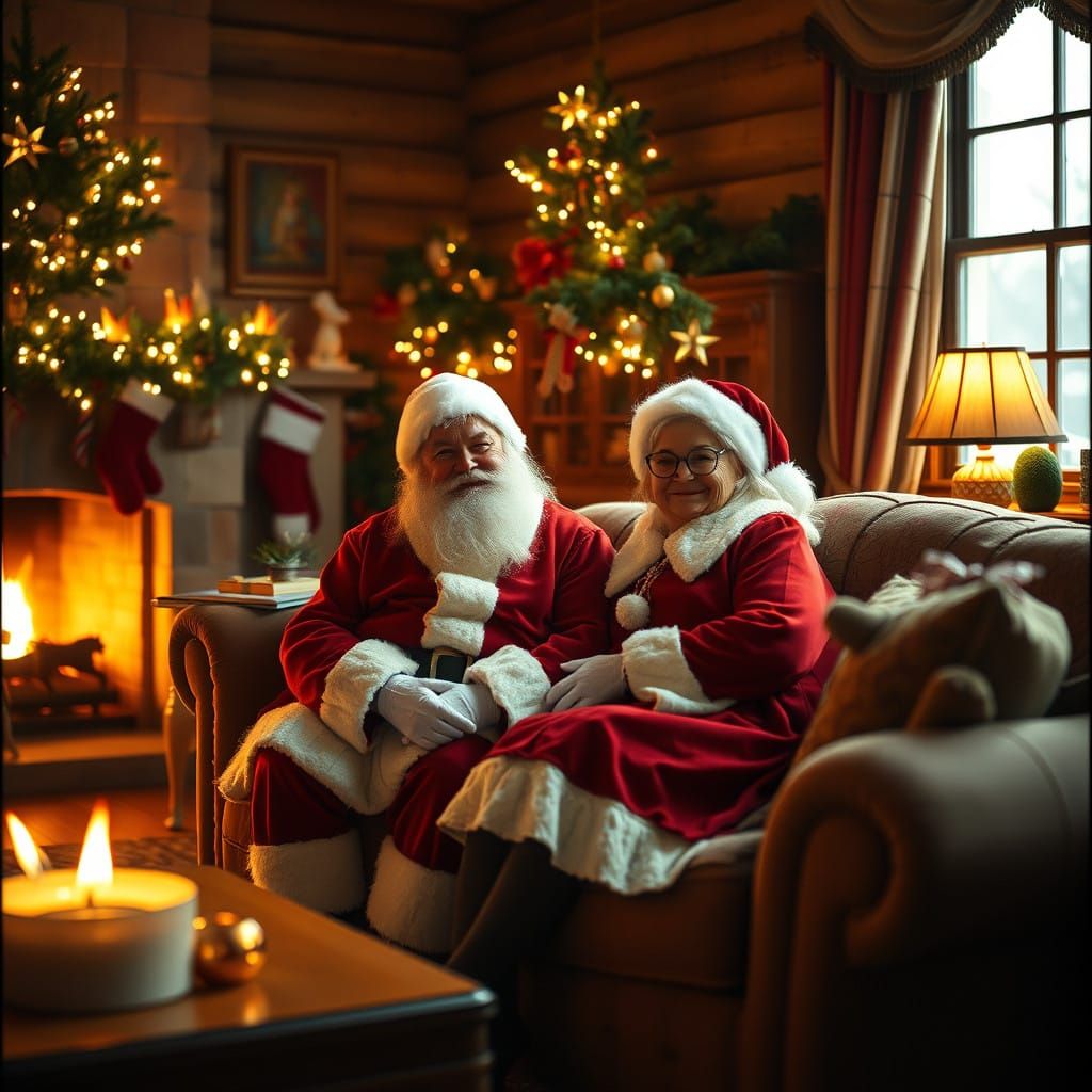 Jolly Couple Relaxing in Cozy North Pole Living Room