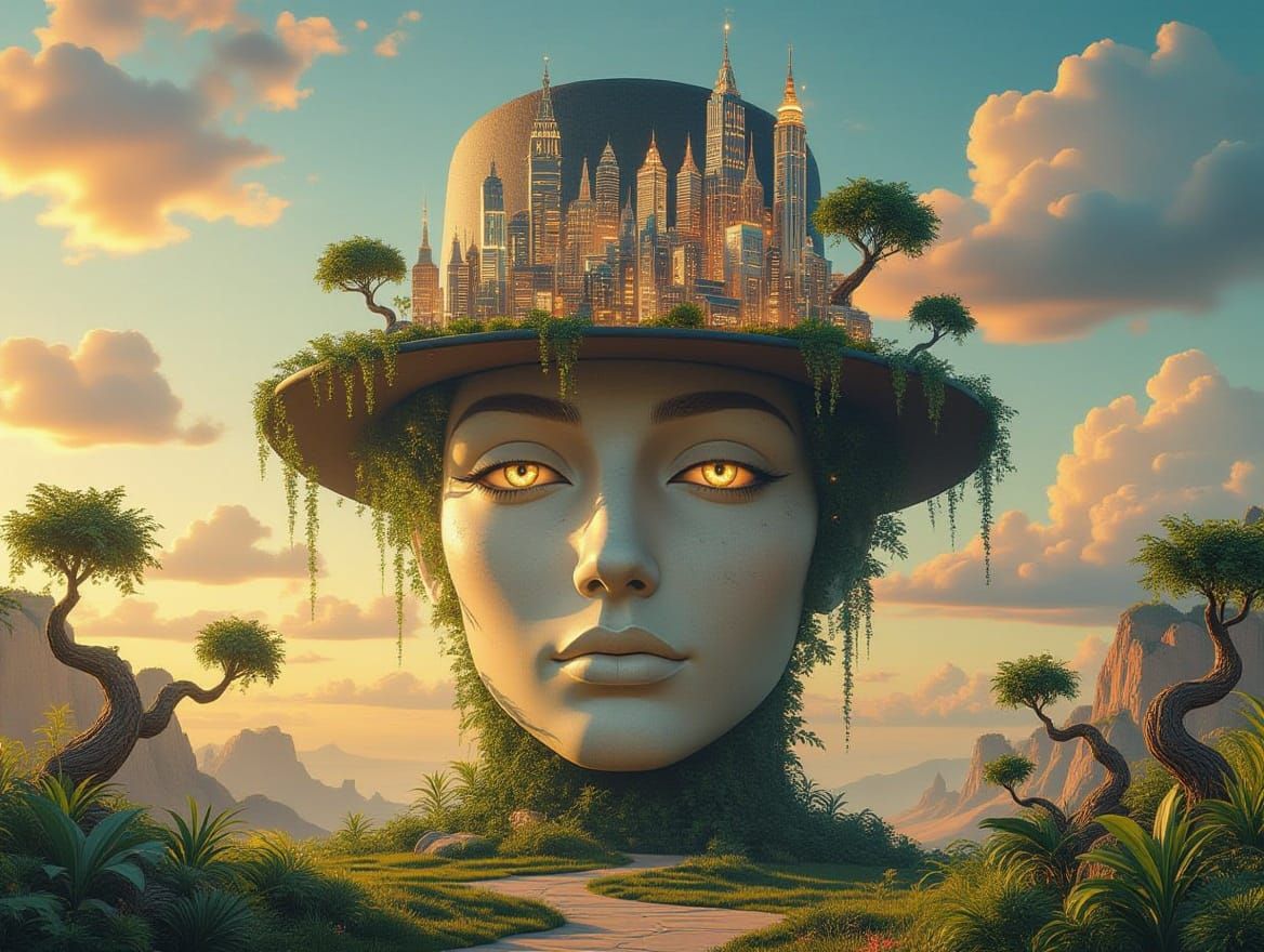 Surreal Brushlandia: Giant Head Cityscape