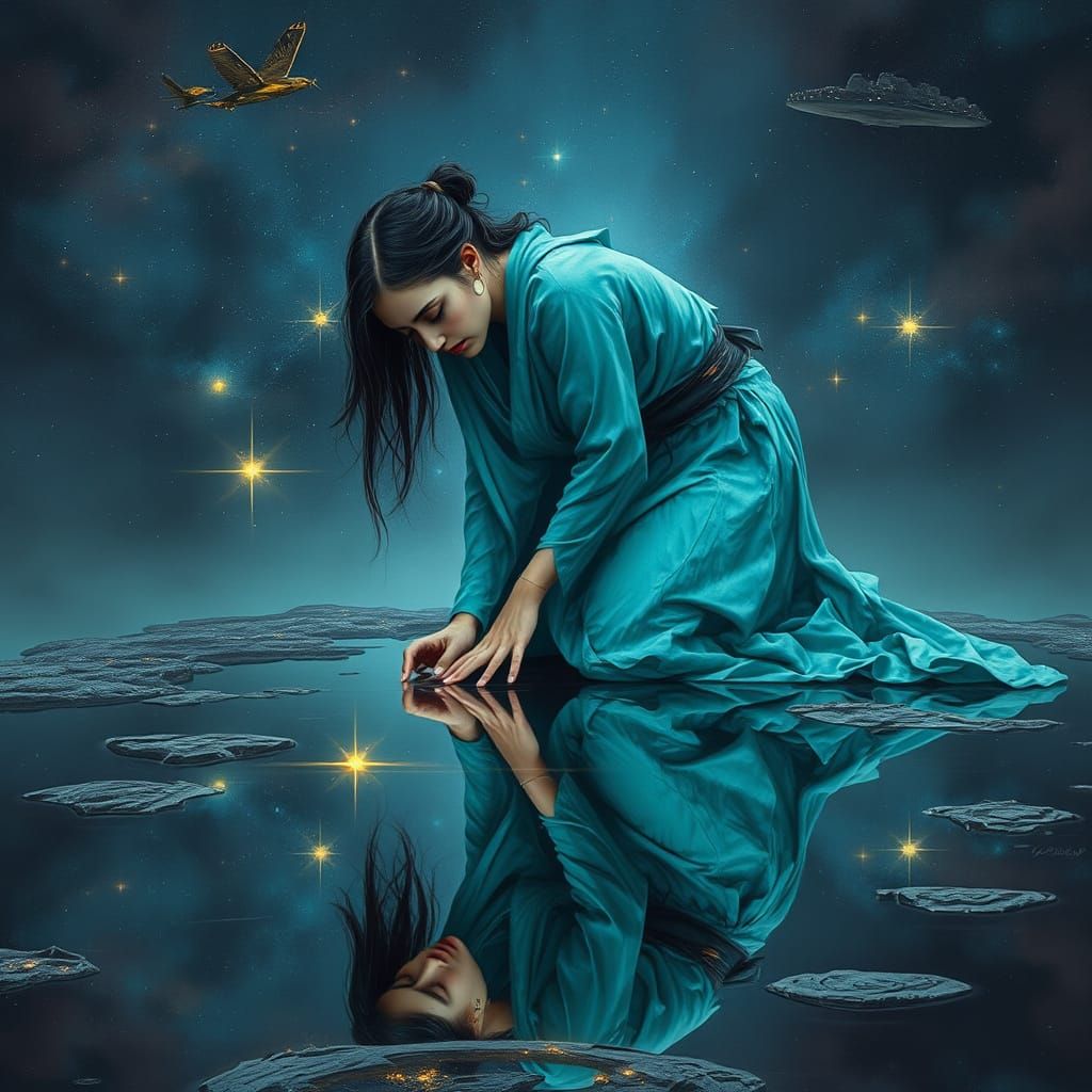 Monk in Turquoise Robes Reflecting in Space