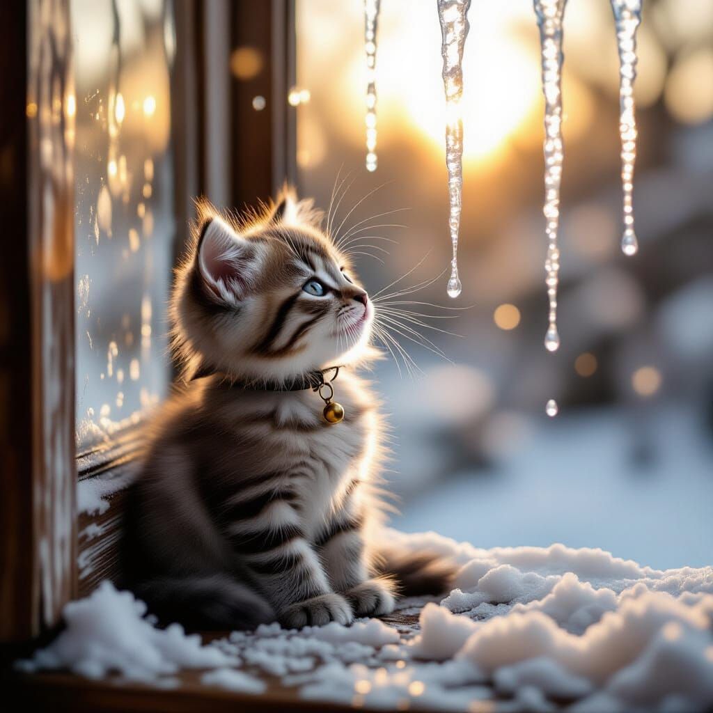 Kitten Reaching for Melting Icicles in Golden Sunlight
