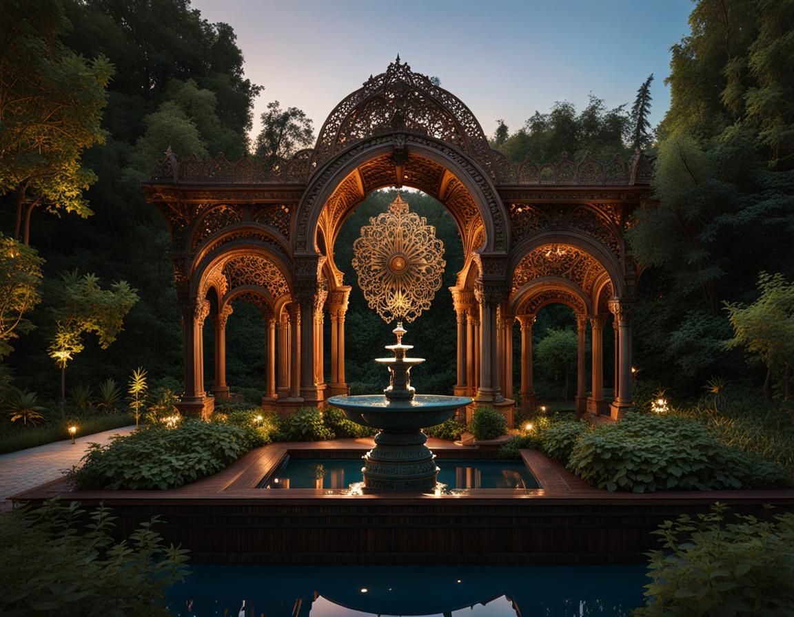 Towering Wooden Fountain in Overgrown Garden