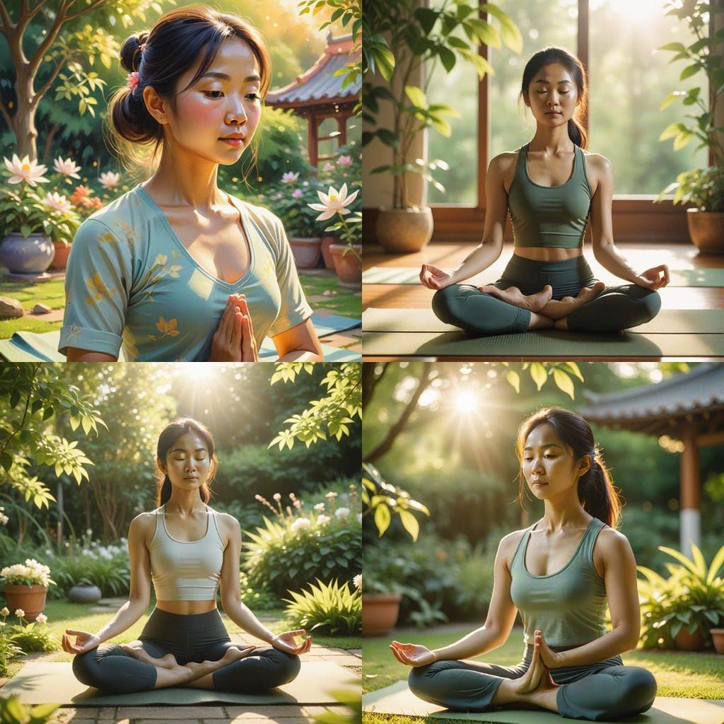 Asian Woman Practicing Yoga in Serene Garden