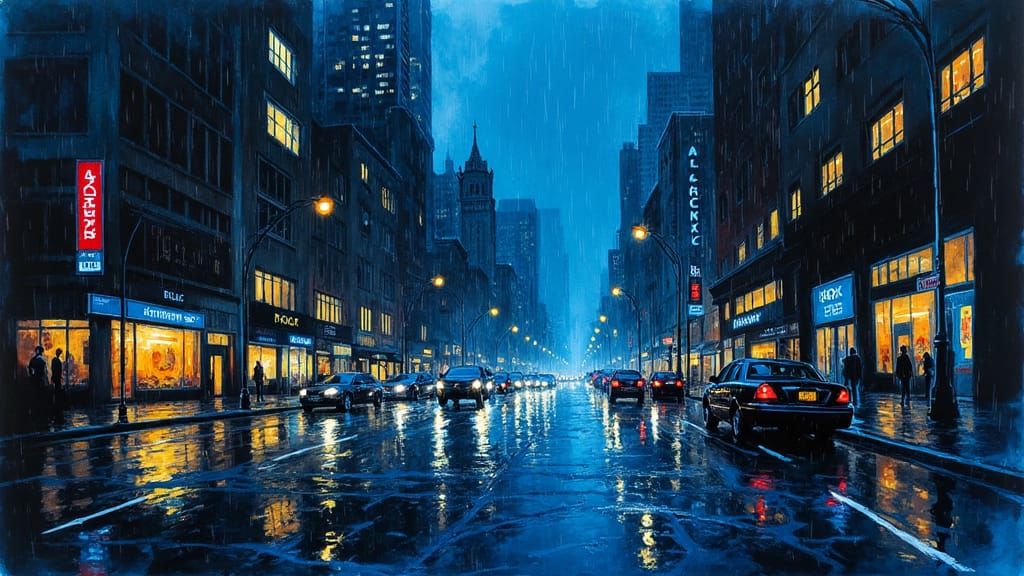 Stormy Cityscape at Night in Painterly Style