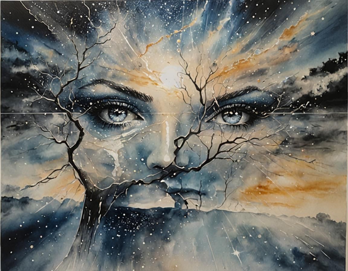 Ethereal Woman Under Sparkling Stars: Acrylic Art