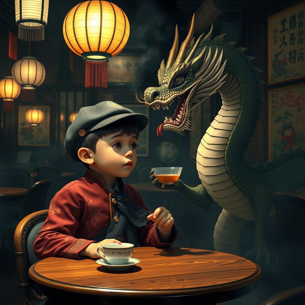 Elegant Turn-of-the-Century Tokyo Cafe Scene with Dragon