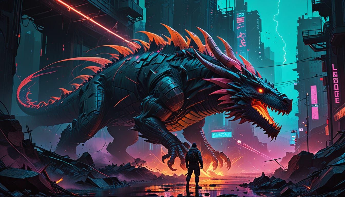 Cyberpunk Warrior Unleashes Chaos in a Swirling Vortex of Gl...