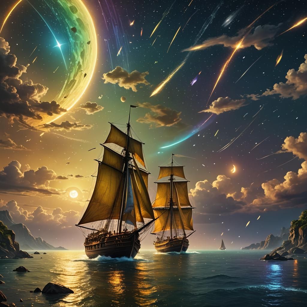 Rainbow Moonlight Sail: Epic Digital Matte Painting