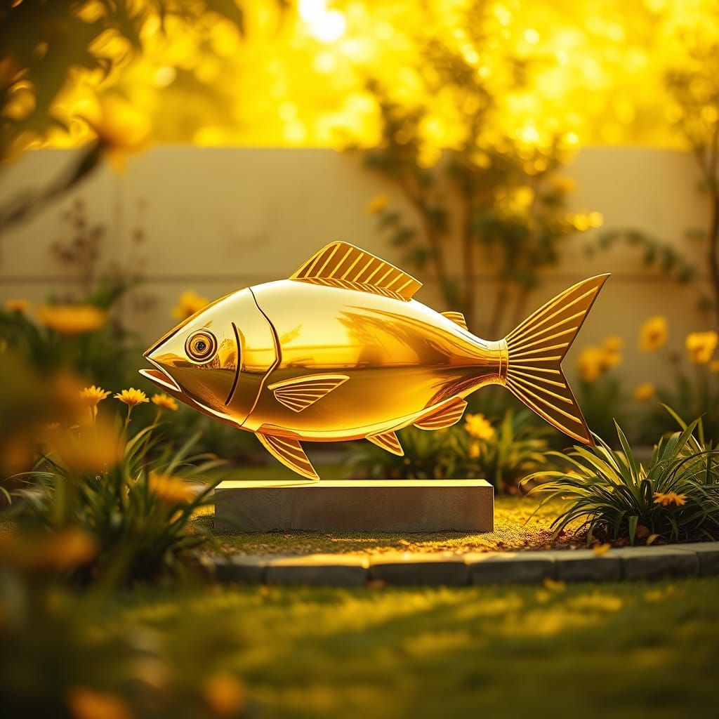 Minimalist Golden Fish Sculpture in Serene Garden