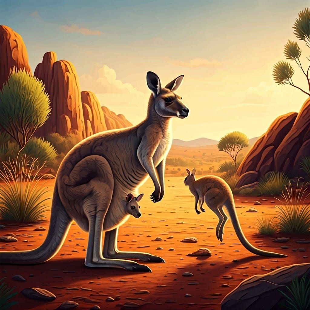 A Kangaroo with a joey peeking out of her pouch