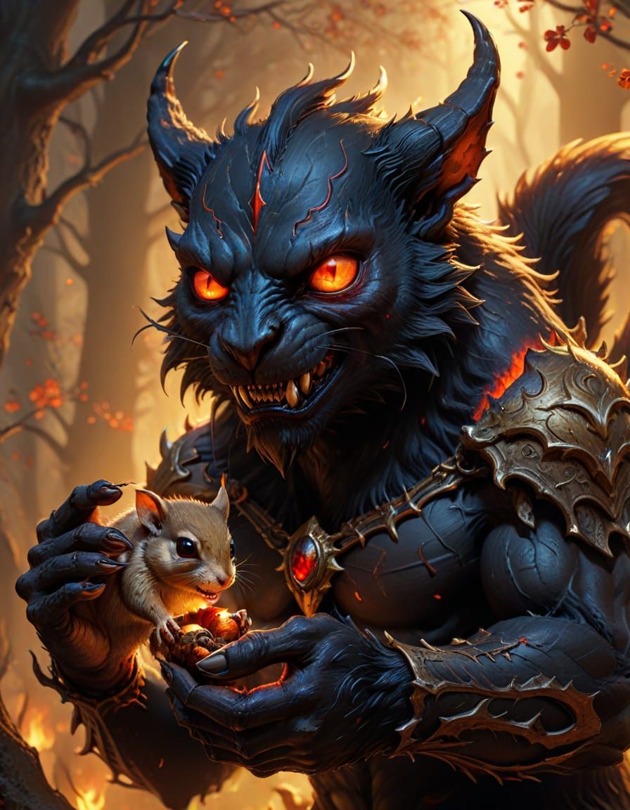 a black demon with a small squirrel
