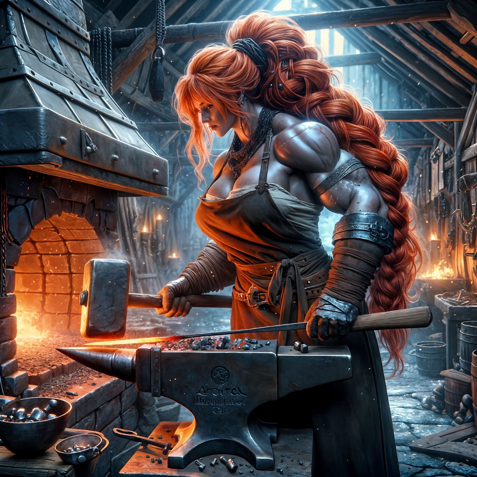powerful and beautiful female dwarven master blacksmith