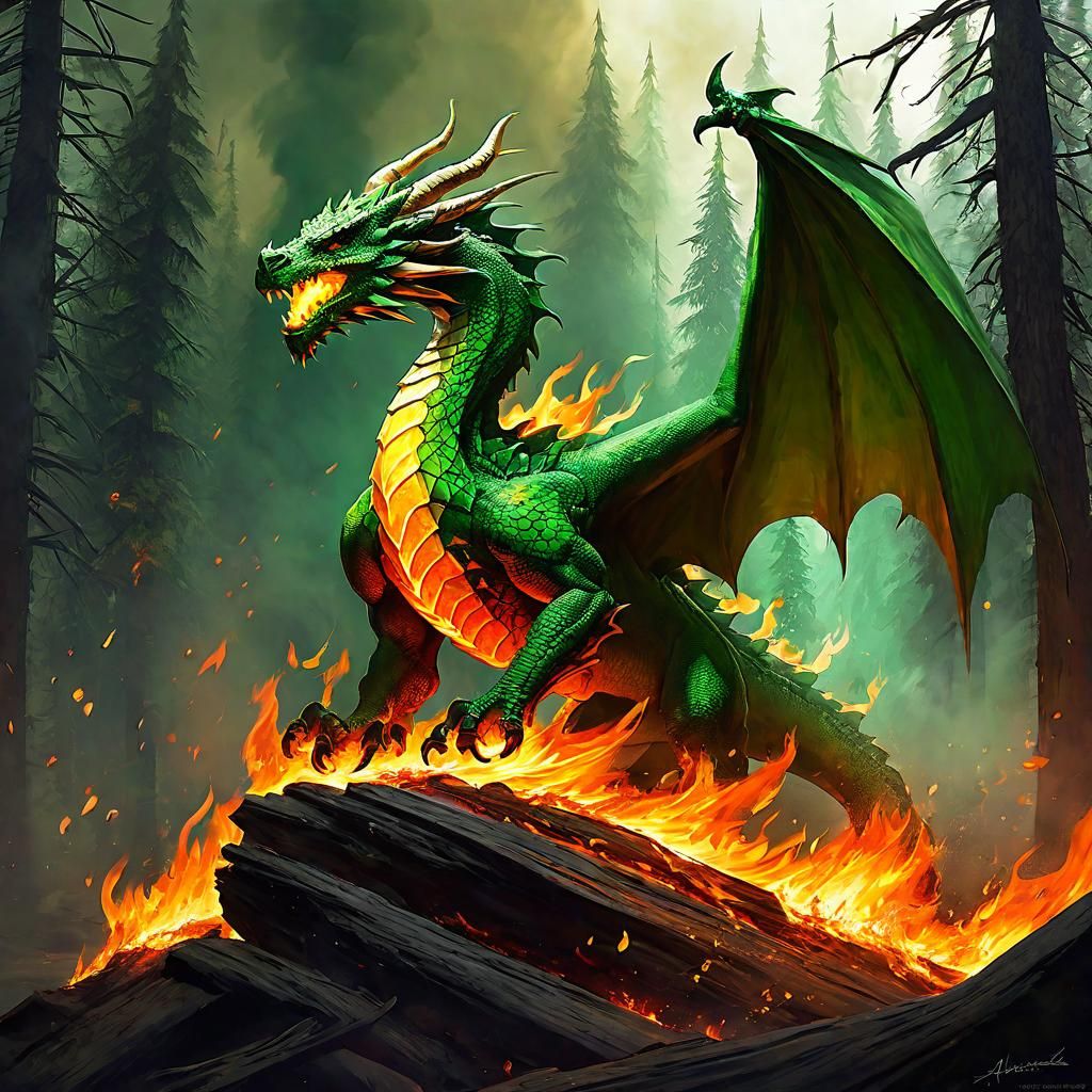 Intense Green Wildfire Flame in Fantasy Art Style