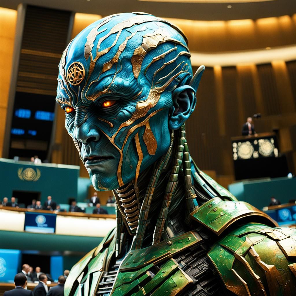 Hyperrealistic Alien Emissary at the United Nations