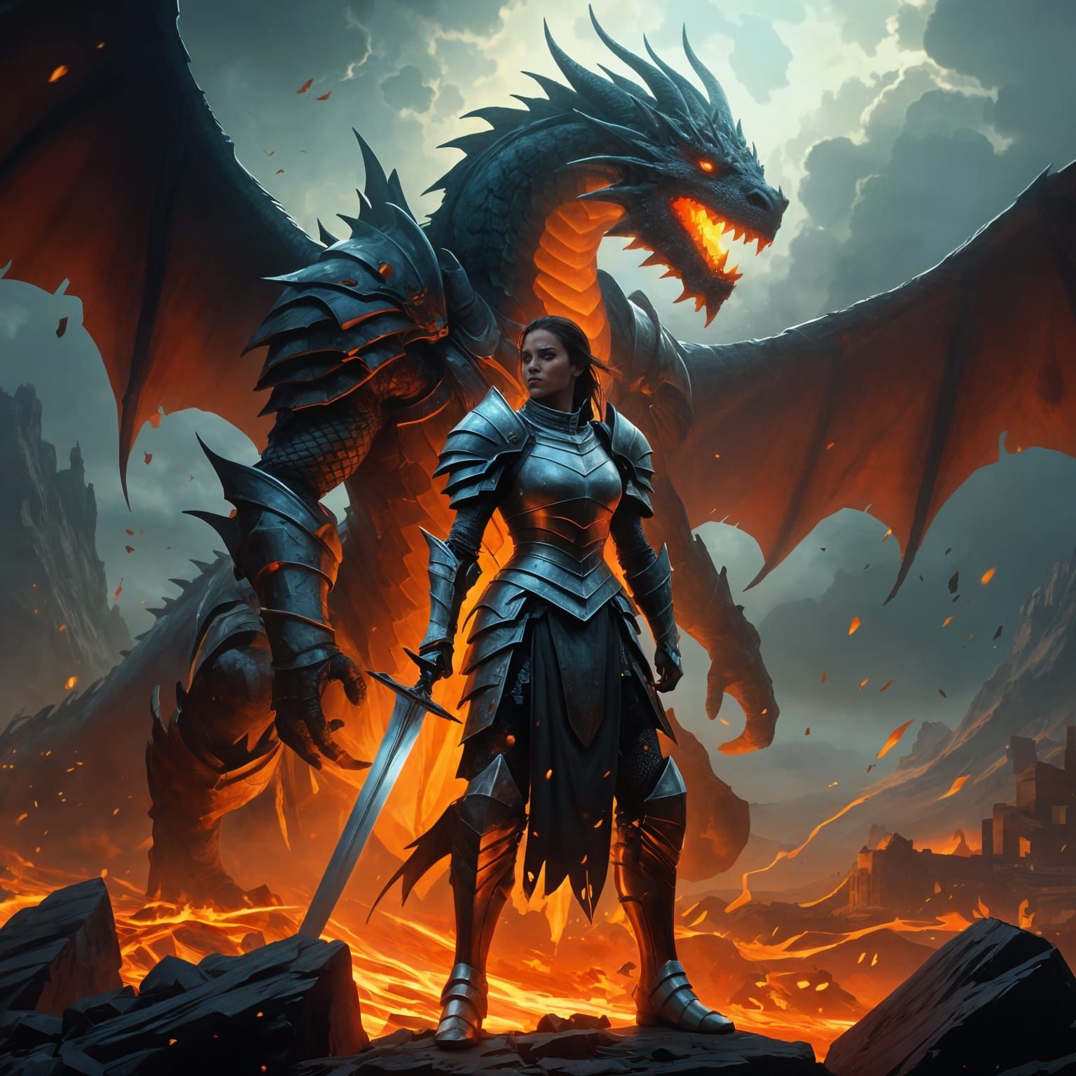 Female Knight Faces Dragon's Fire in Dark Fantasy Style