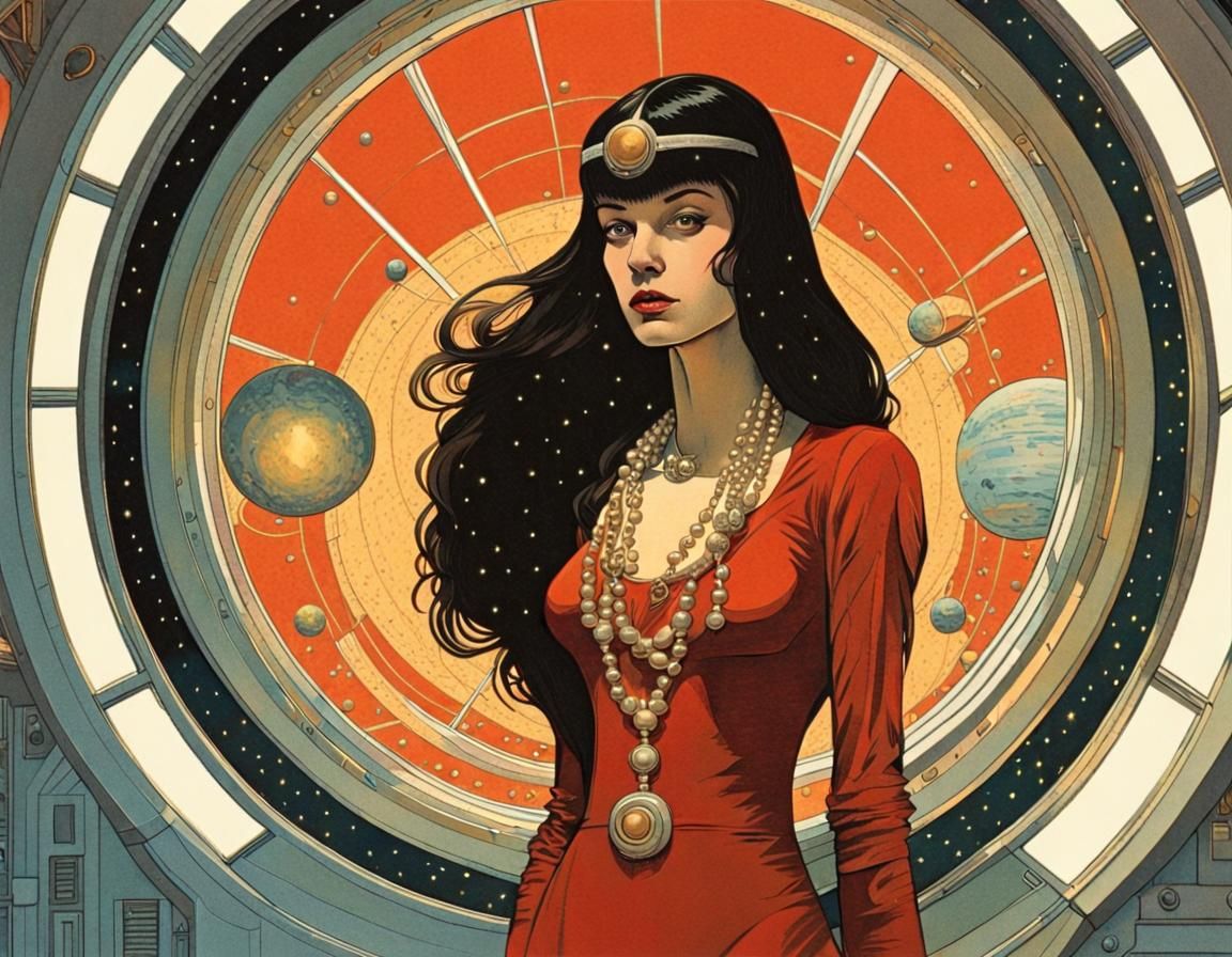 Retro Sci-Fi Queen with Dog in Spaceship