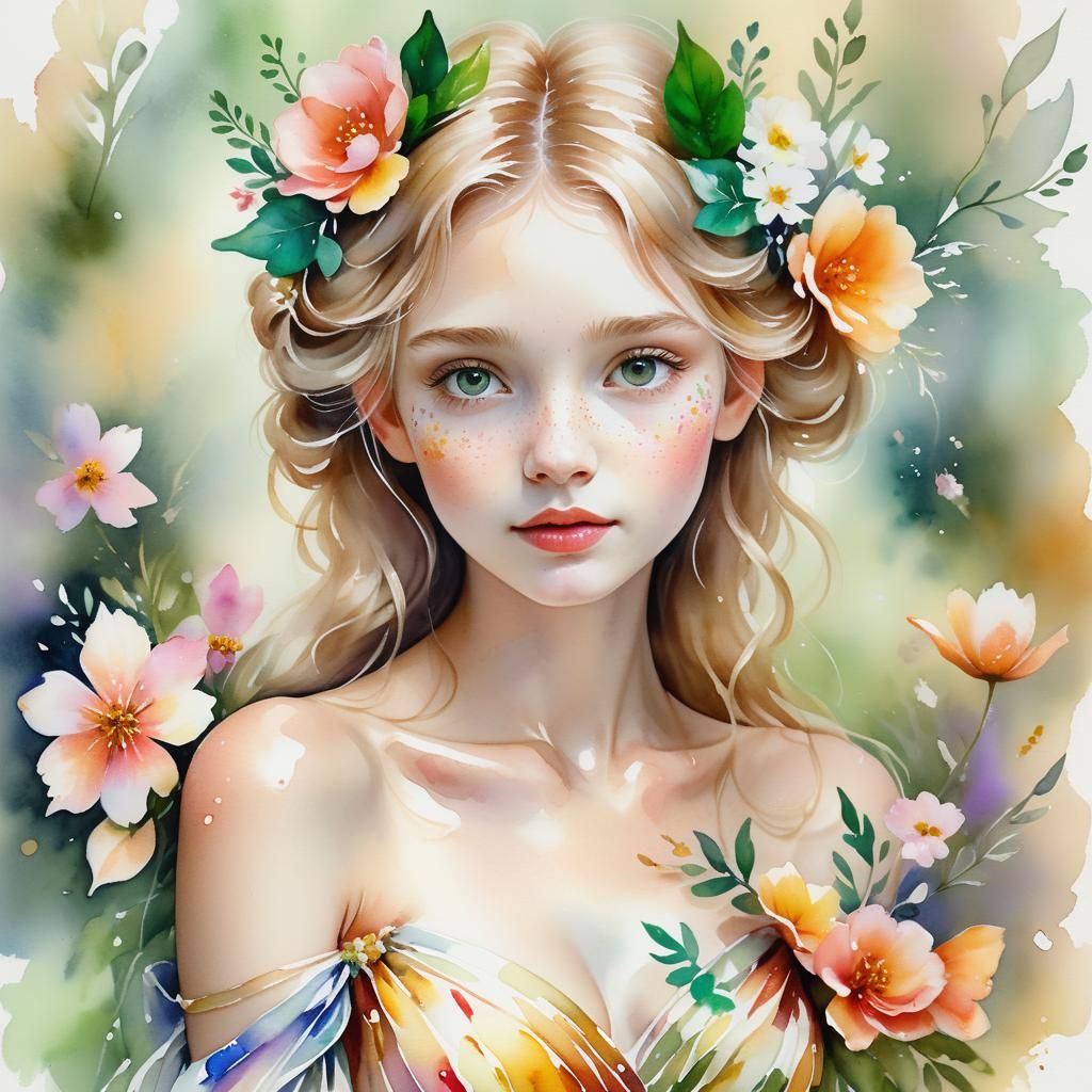 Beautiful Fairy in Flower Gown, Watercolor Portrait