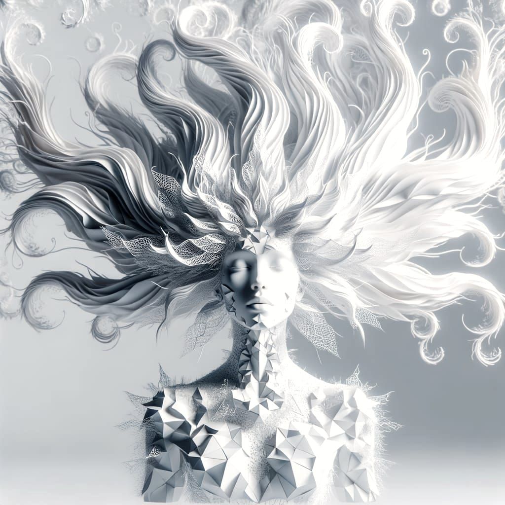 Majestic Figure with Geometric Hair in Cosmic Minimalism