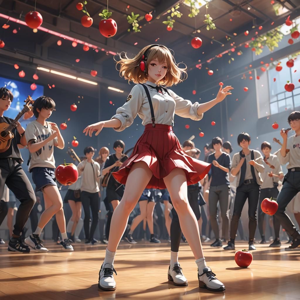 Anthropomorphic Apple Dancing: Detailed 3D Anime Art