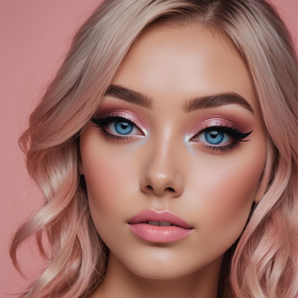 Neon Blue Eye Makeup on Model, Pink Background