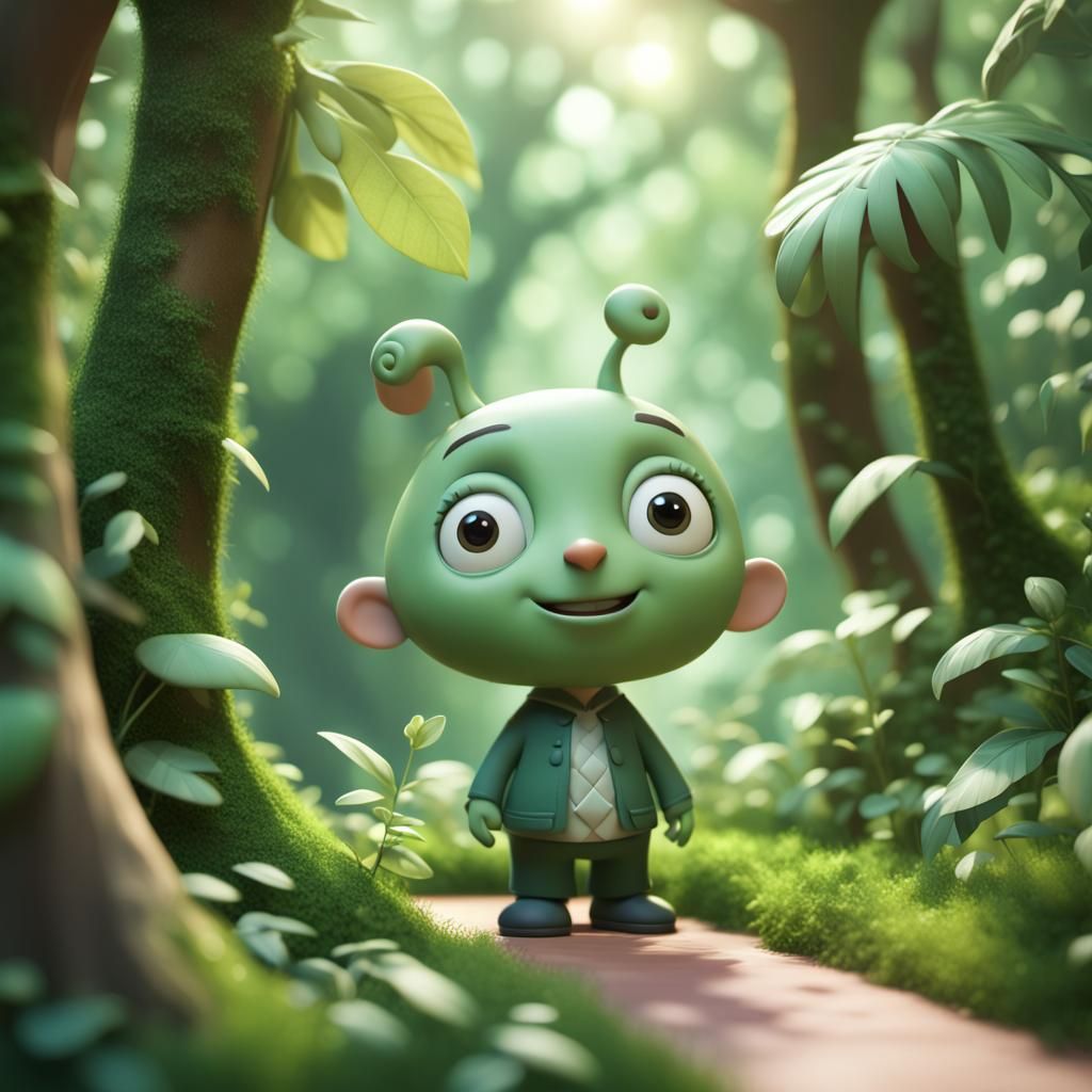 Whimsical 3D Character in Lush Greenery