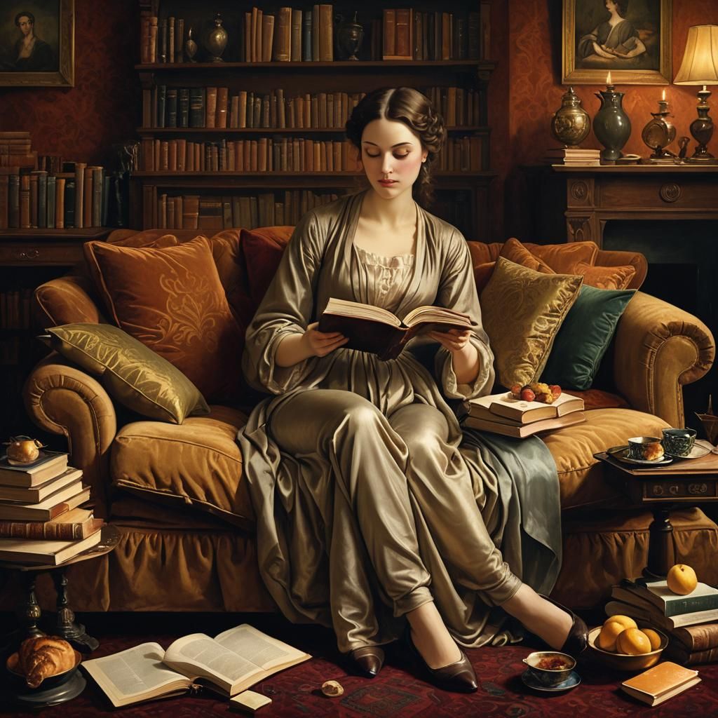 Woman Reading on Velvet Sofa in Neoclassical Style