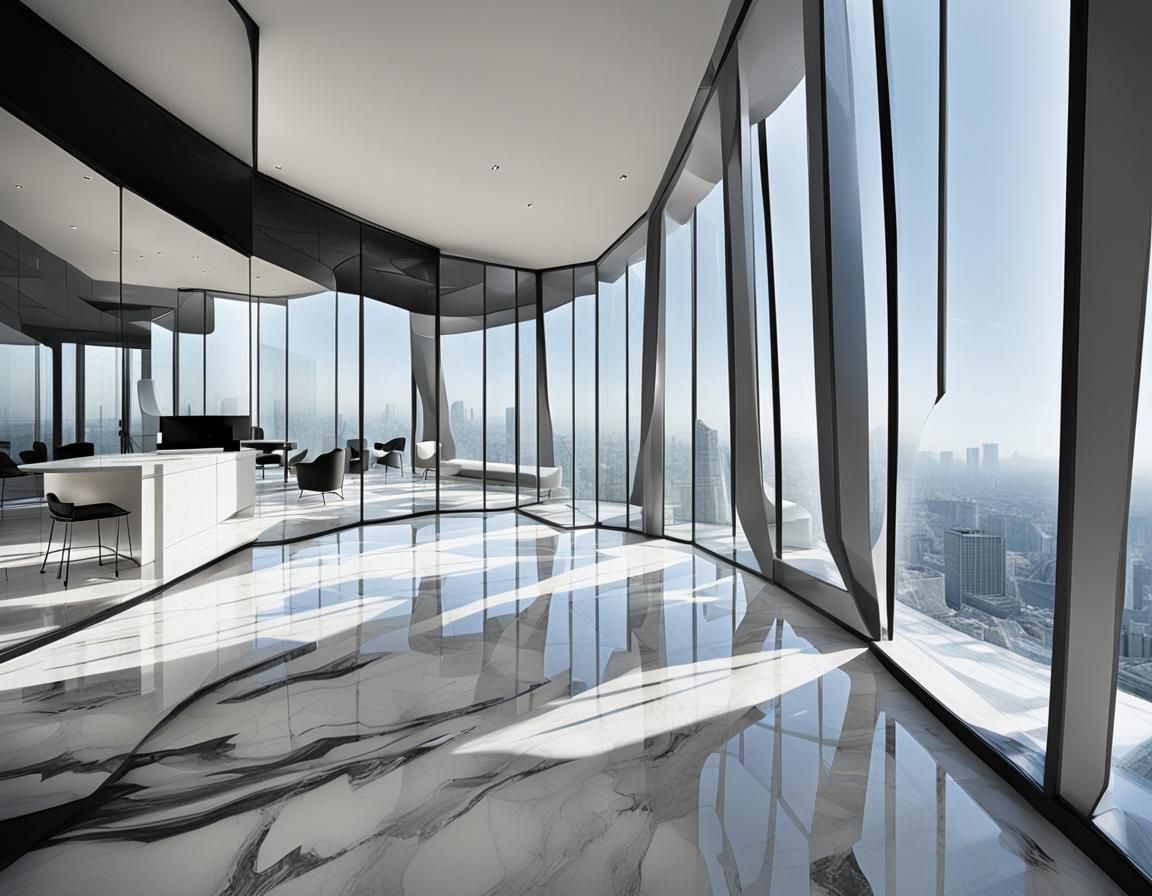 Futuristic Interior with Glass Walls in Zaha Hadid Style