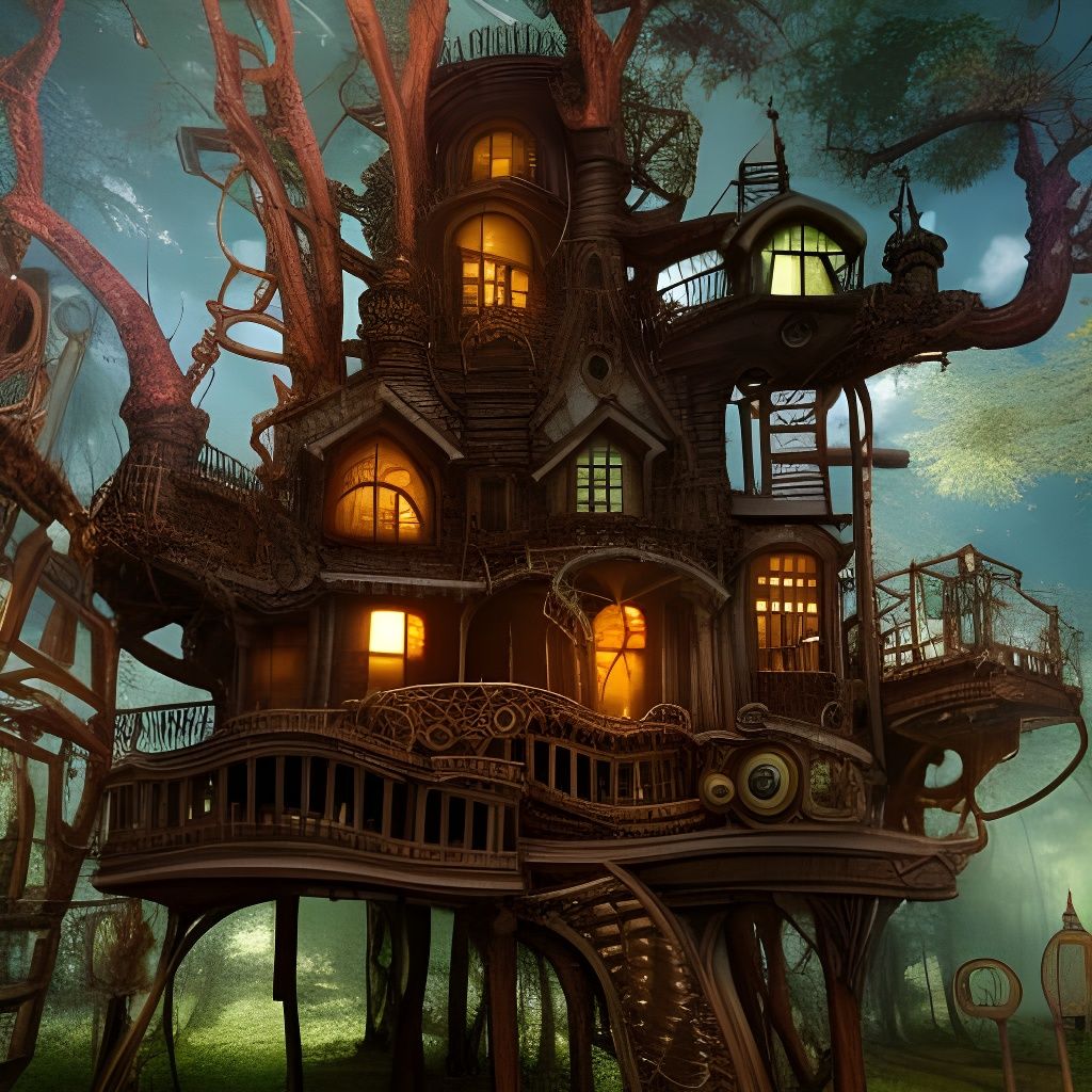 Steampunk Haunted Treehouse in Dead Tree with Sparks