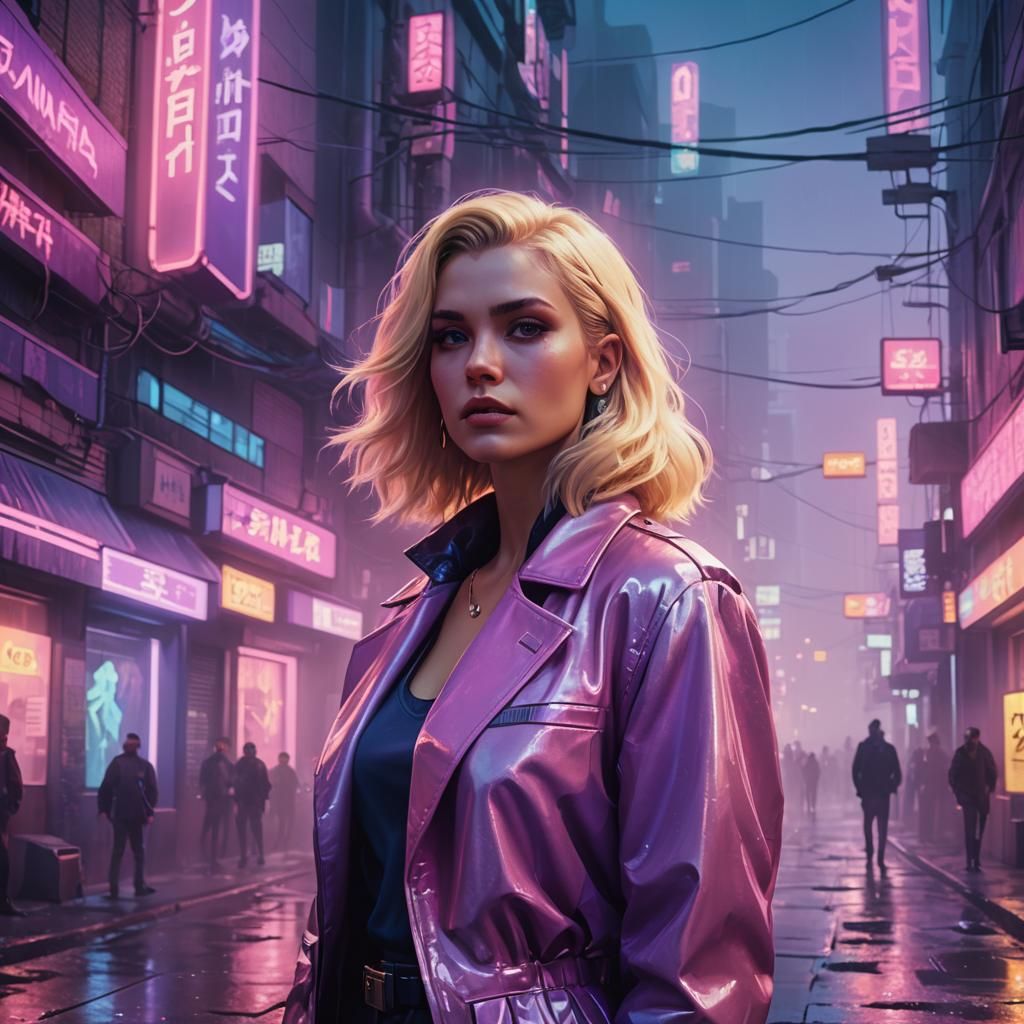 Retro-Futuristic Mafia Woman in Neon Alley