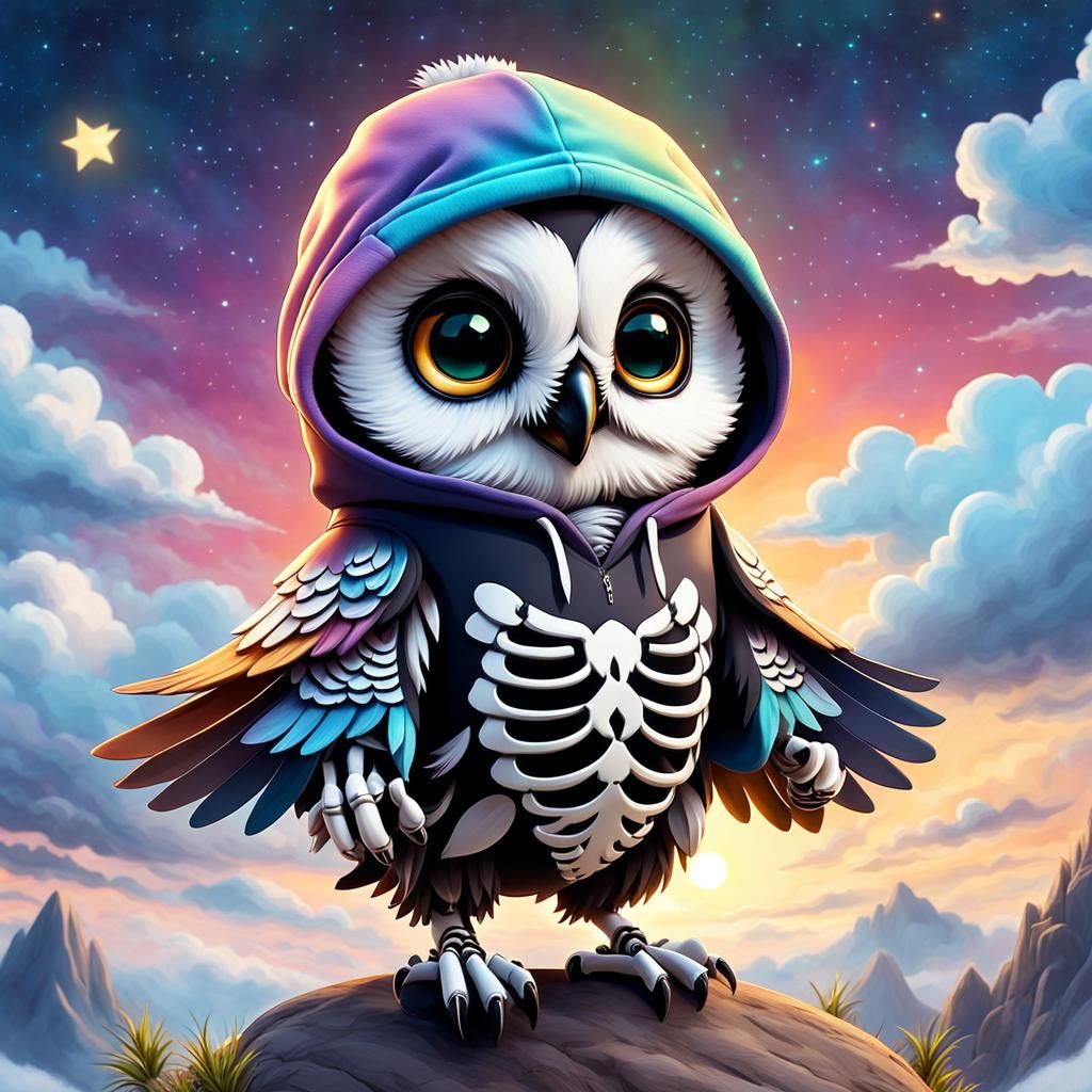 Cute Chibi Owl Skeleton in Dreamscape