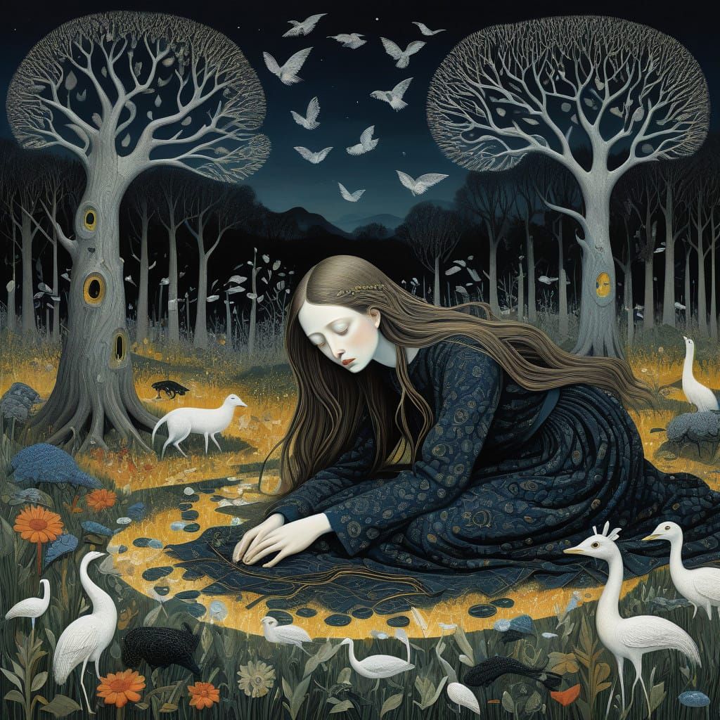 Glowing Bio Art Creatures in Surreal Sunset Landscape