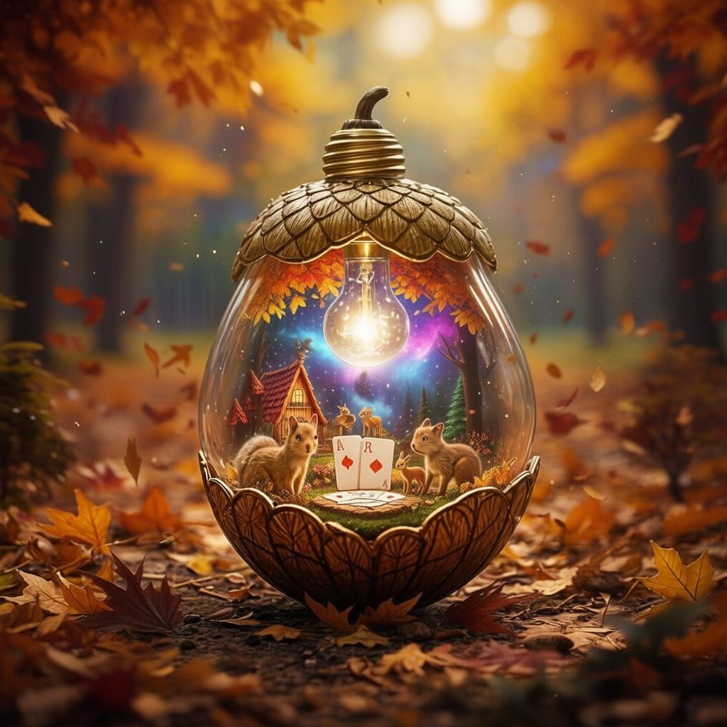 Magical Acorn Light Bulb with Forest Scene, Autumn Leaves