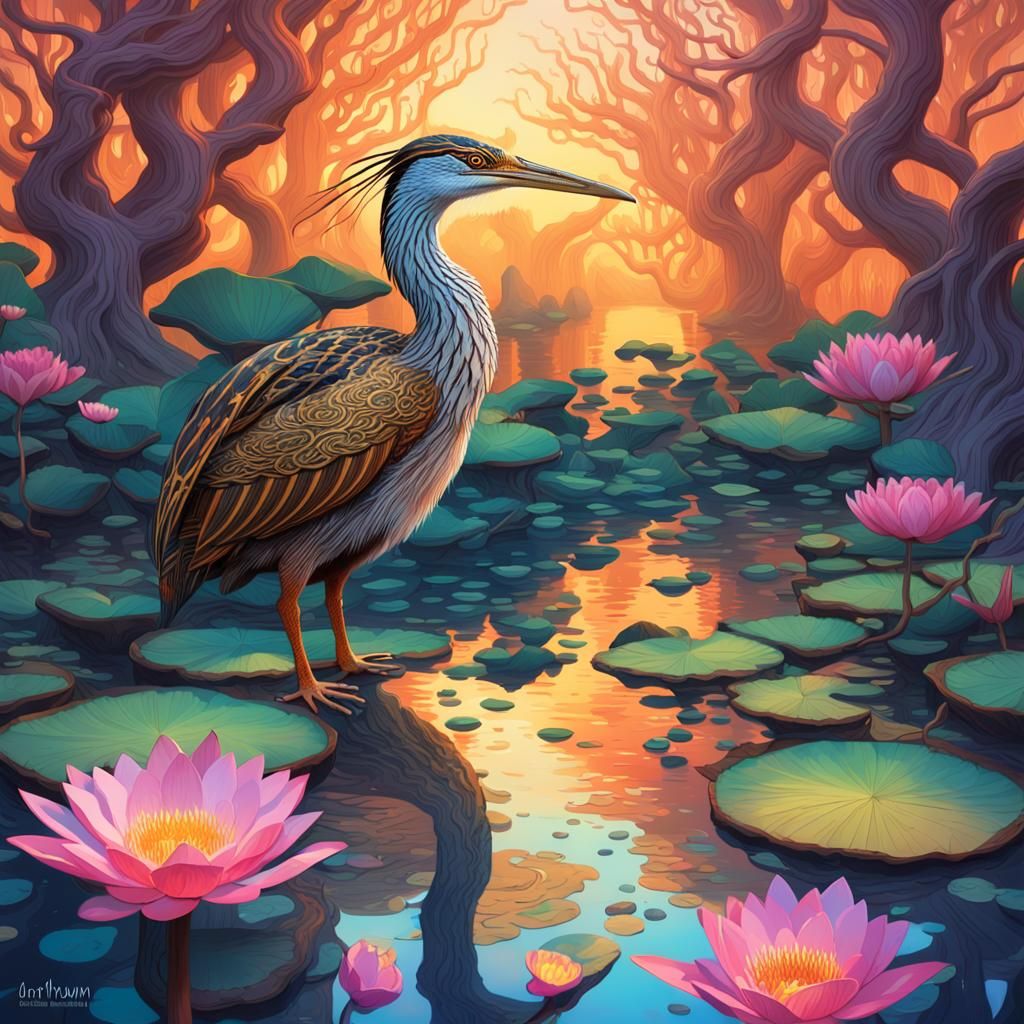 Bittern in Mystical Asian Water Lily Pond
