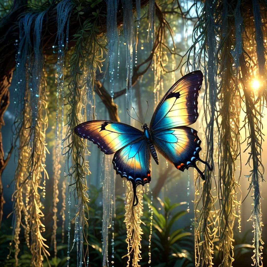Iridescent Blue Butterfly with Spanish Moss in Matte Paintin...
