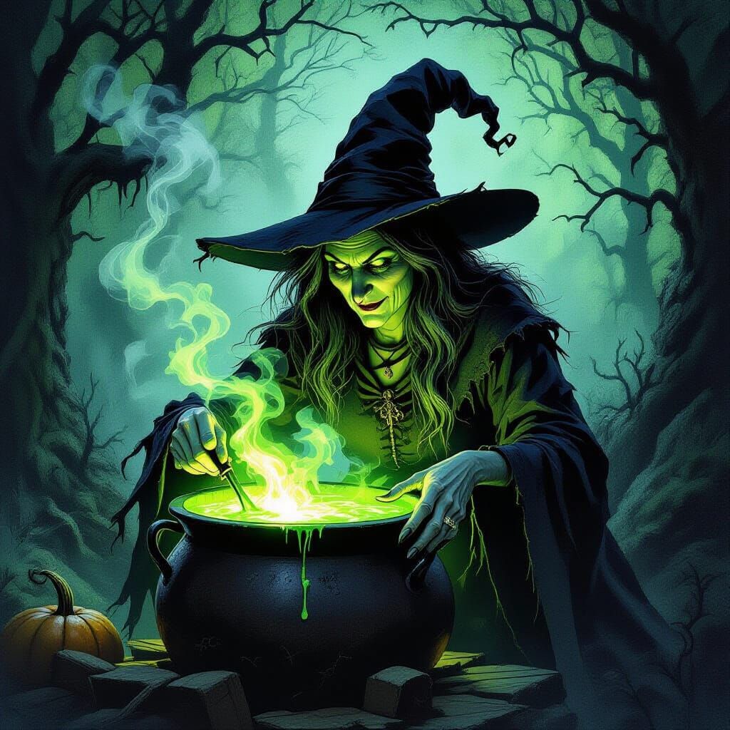 Witch Brews Green Potion in Dark Forest