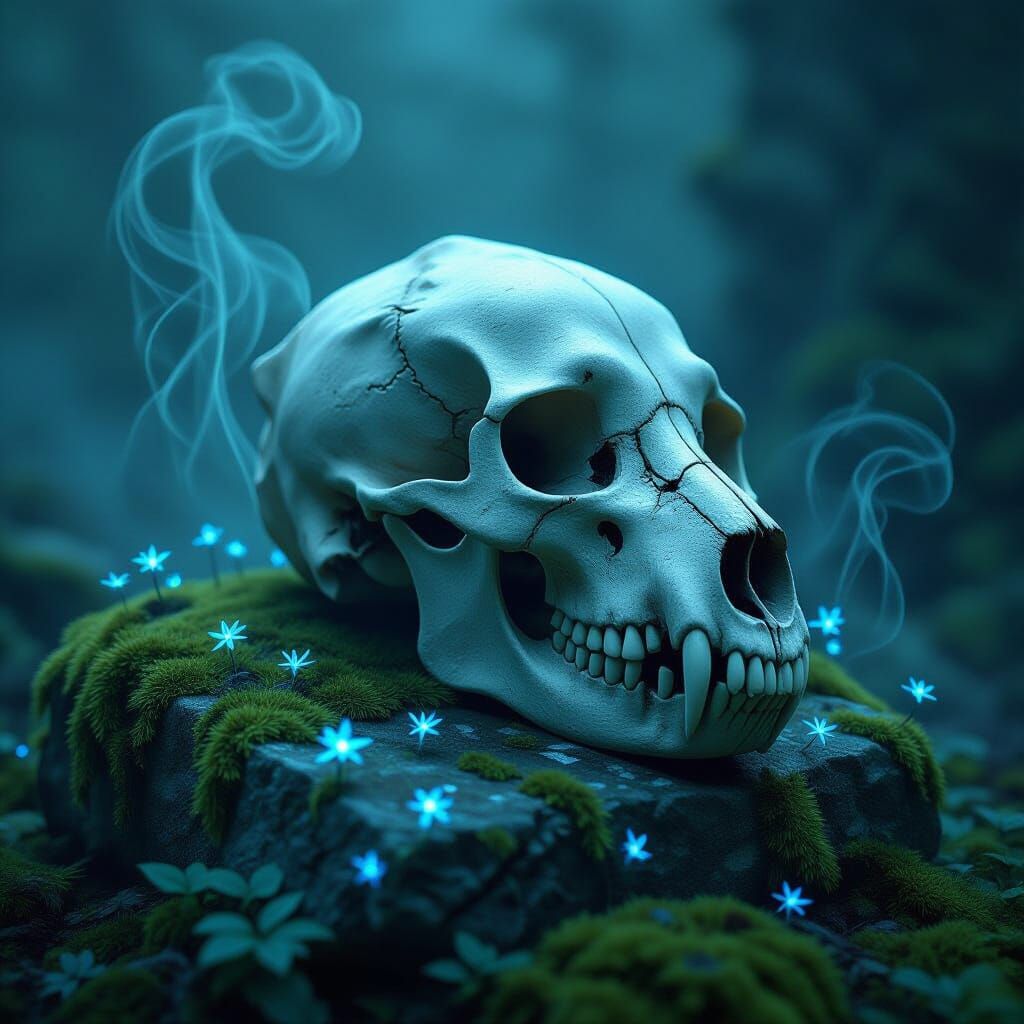 Ancient Wolf Skull in Bioluminescent Forest