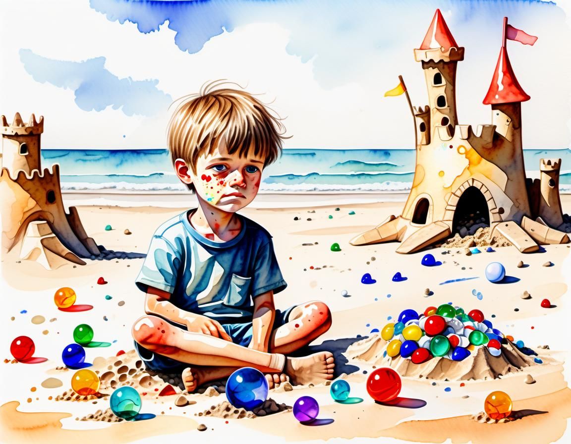 Sad Child and Ruined Sandcastle in Watercolor