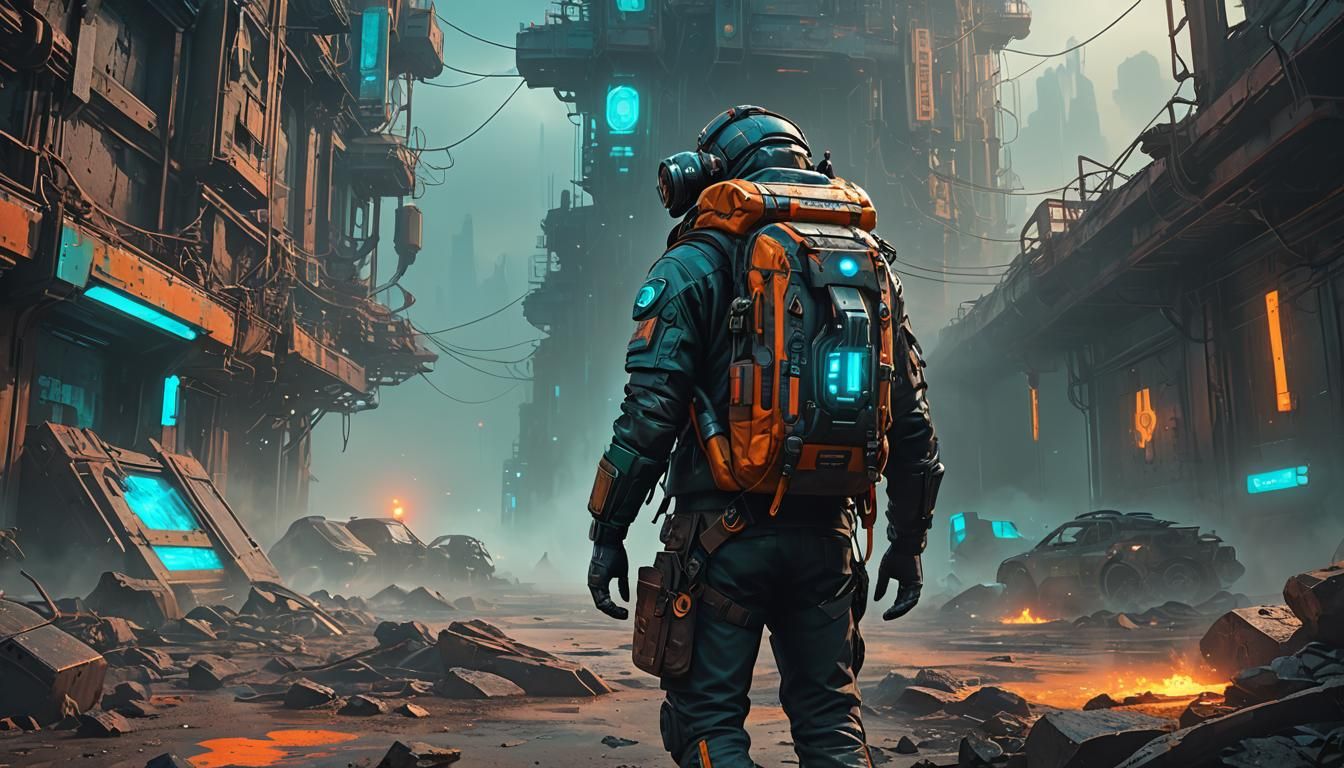 Dystopian Dimension Traveler in Sci-Fi Splash Art