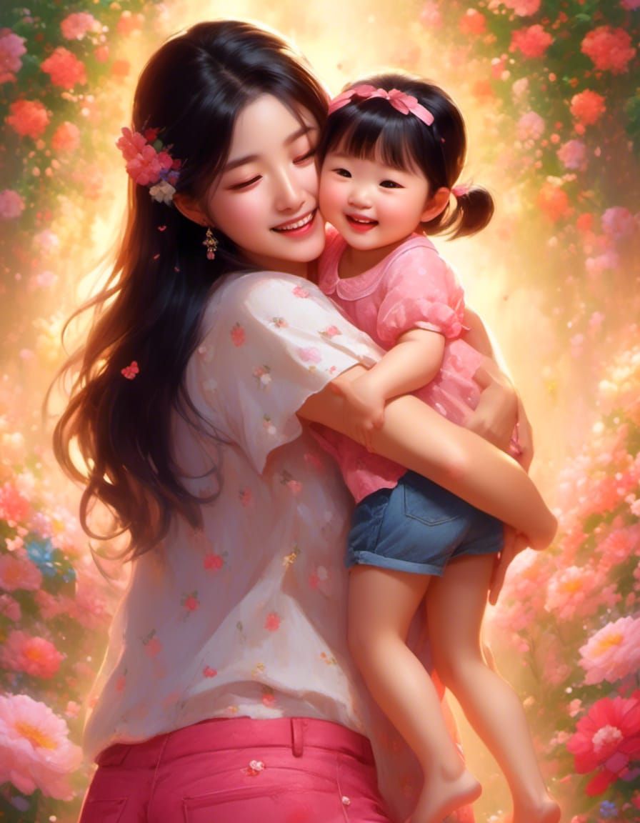 Mother and Daughter in Loving Embrace, Oil Painting