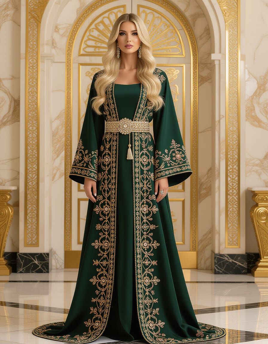 Regal Blonde Woman in Luxurious High-Fashion Abaya