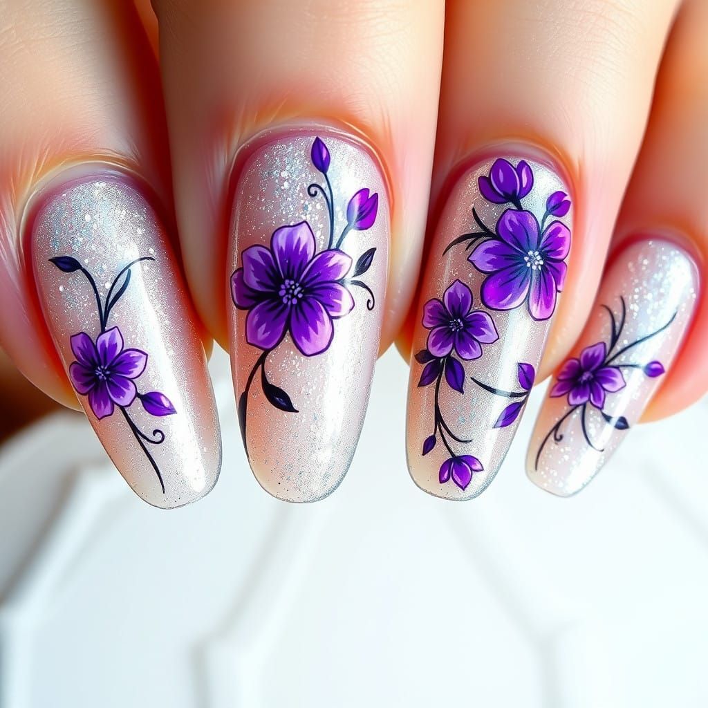 Surreal Digital Nail Art with Whimsical Florals and Glitter