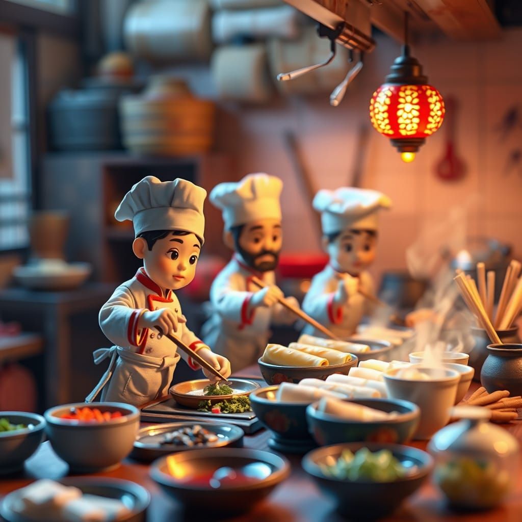 Cel-Shaded Anime Masterpiece: Mandarin Chefs in Warm Kitchen