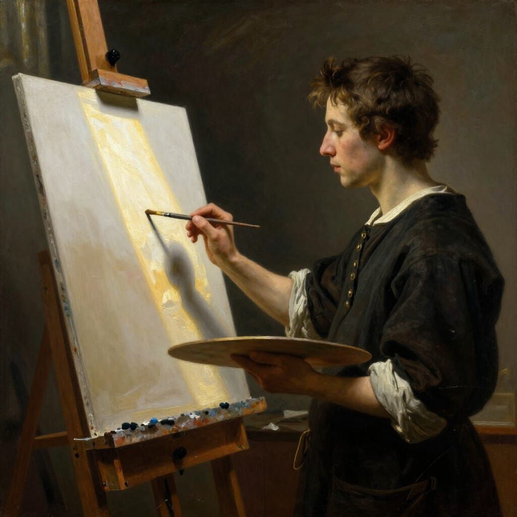 Artist Contemplates Blank Canvas in Golden Hour Studio