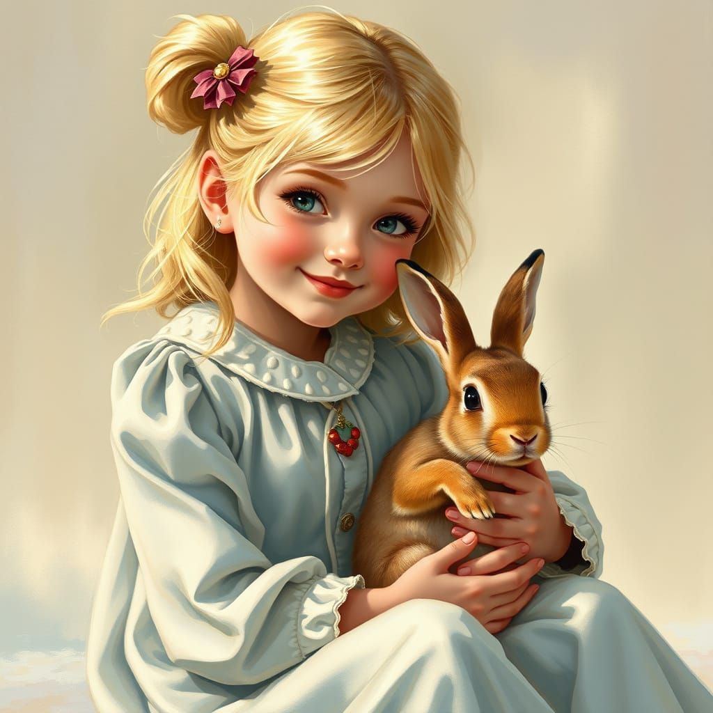 Blonde Girl in Rainbow Dress Holding Easter Bunny