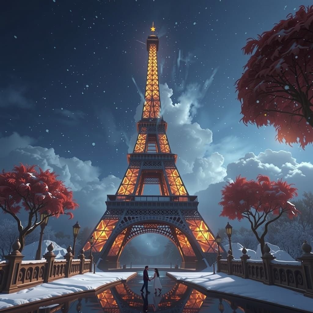 Romantic Eiffel Tower Scene in Detailed Matte Painting
