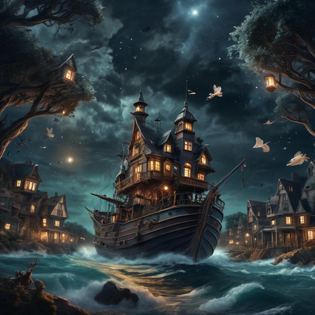 Timeless Whimsical Flying Ship House Masterpiece in the Dark...
