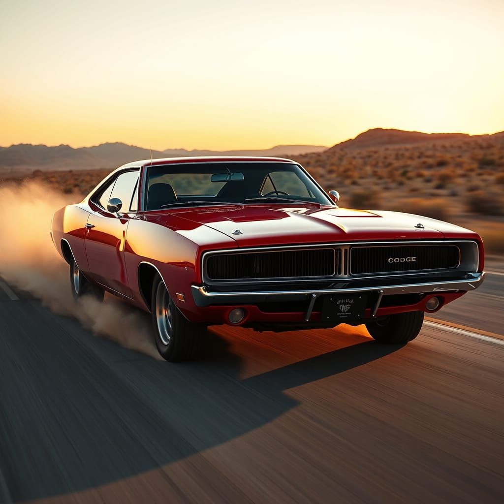 Cherry Red 1969 Dodge Charger Roars Down Desert Highway at D...