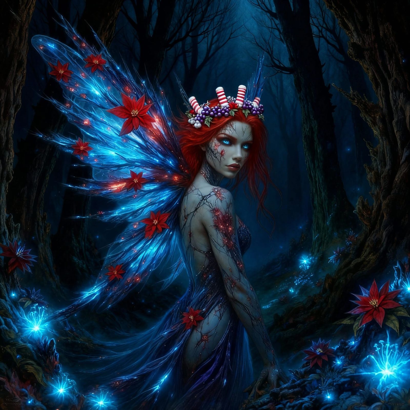 A winter fairy with fiery red hair, adorned with sugar plum ...