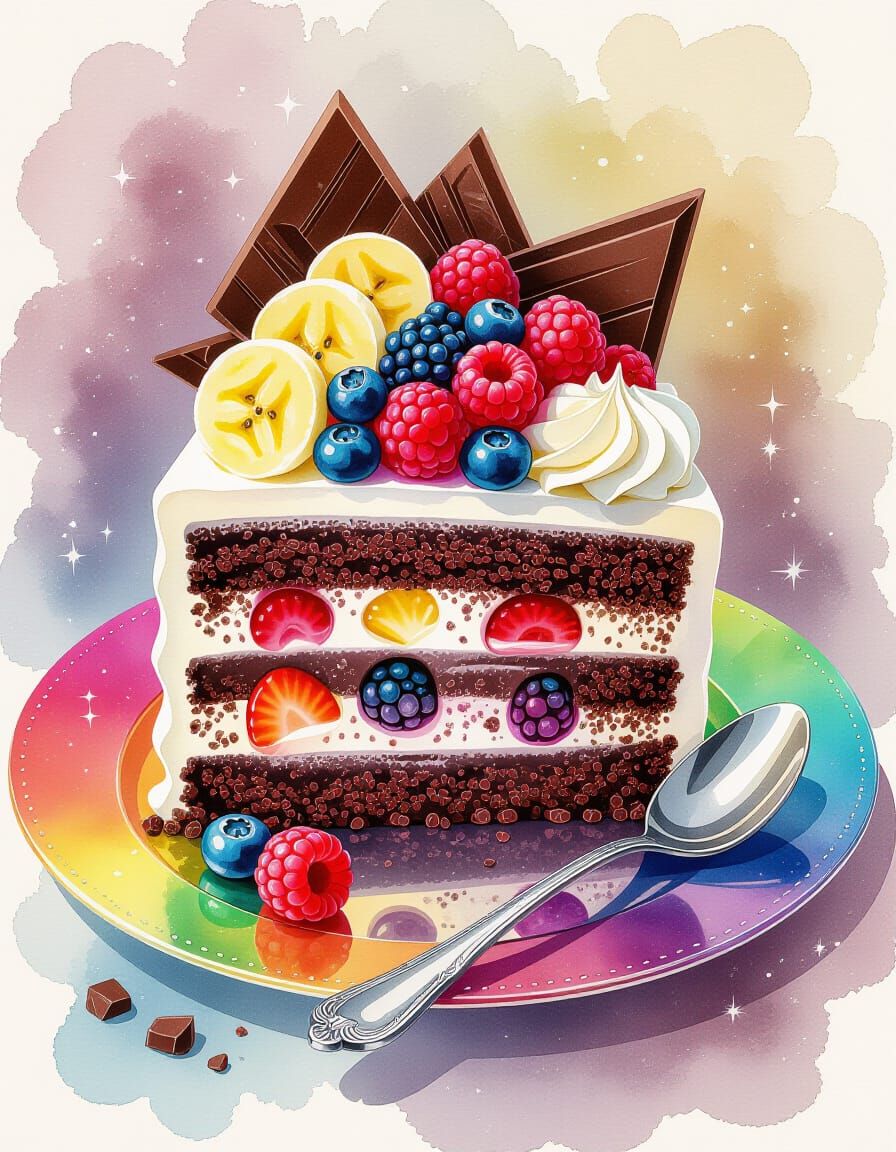 Whimsical Chocolate Ice Cream Cake Slice with Berries on Rai...