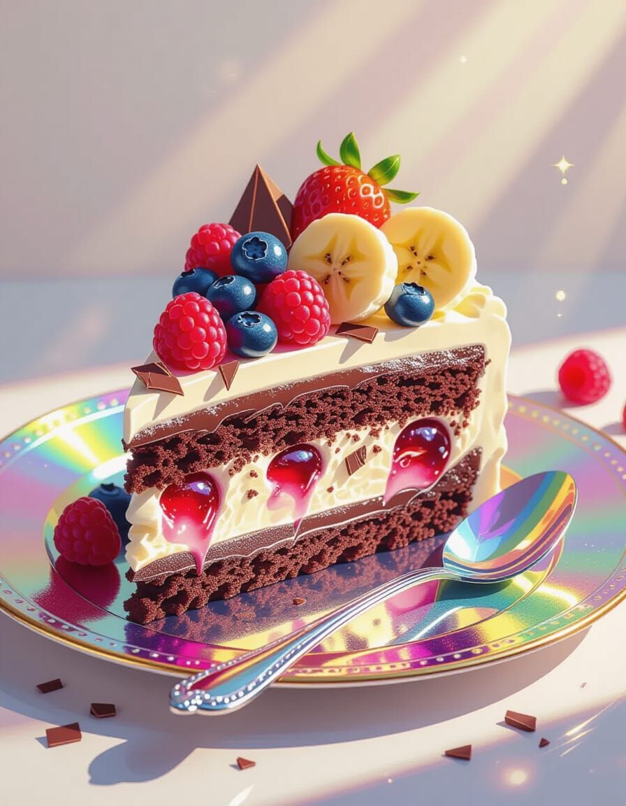 Whimsical Chocolate Ice Cream Cake with Berries on Rainbow P...