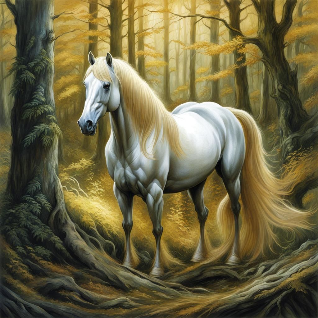 Majestic Golden Horse in Forest, Hyperrealistic Art